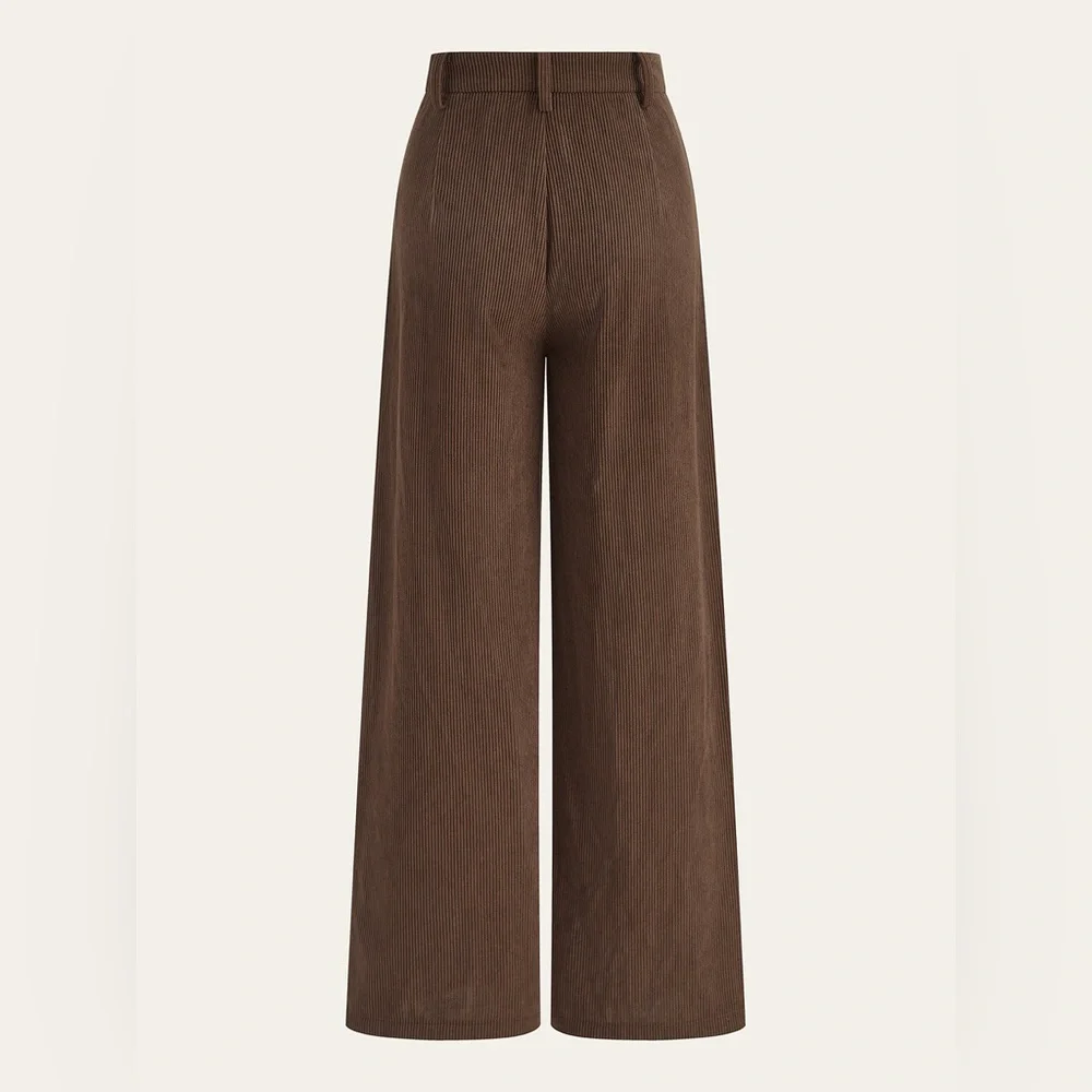 Commense Wide-Leg Corduroy Pants in Brown with Gold Button - Picture 3 of 5